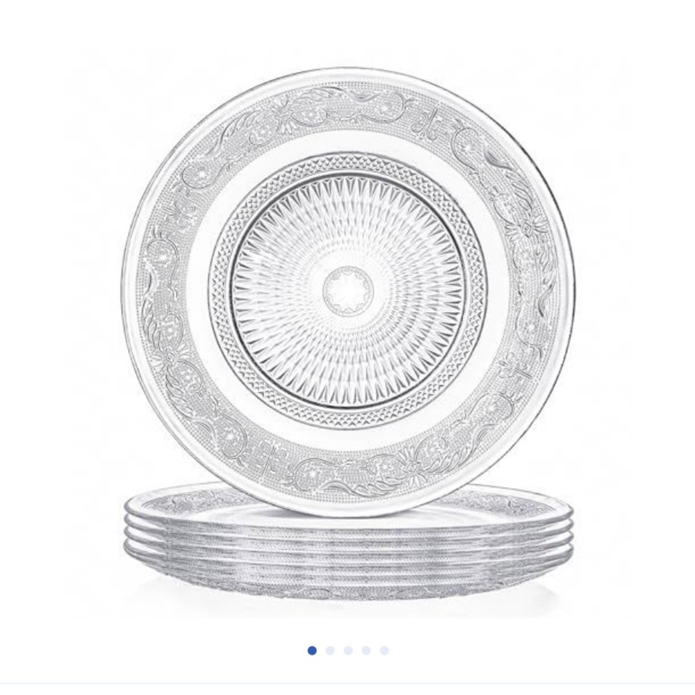 Clear Pressed Glass Decorative Dinner Plates - Set